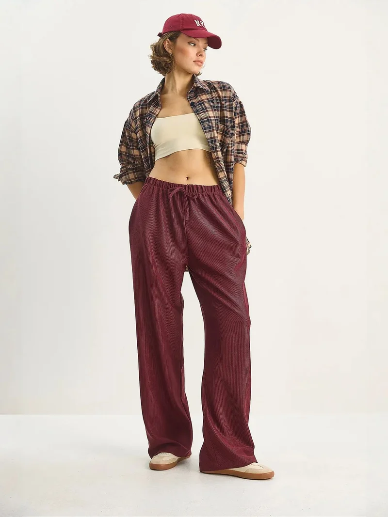 Bianco Lucci Burgundy Red LUCCI High Waist Wide Leg Pants for Women | Best Price UAE